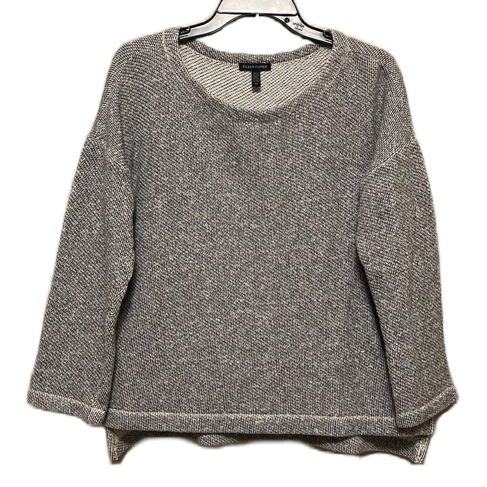 EILEEN FISHER 100% Organic Cotton, Scoop Neckline Sweater, Dark Gray & White, SP